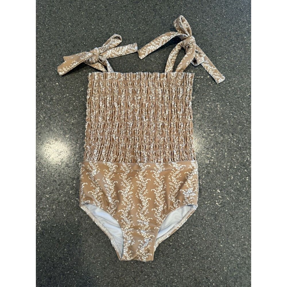 Minnow Beige Floral Ruched Girls Swimsuit Size 2T Tie Straps One Piece
